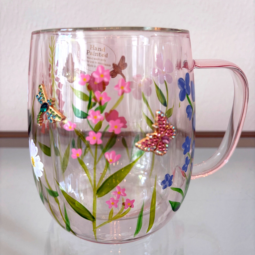 Hand Painted & Jeweled Glass Mug Multicolored Floral Butterfly NEW
